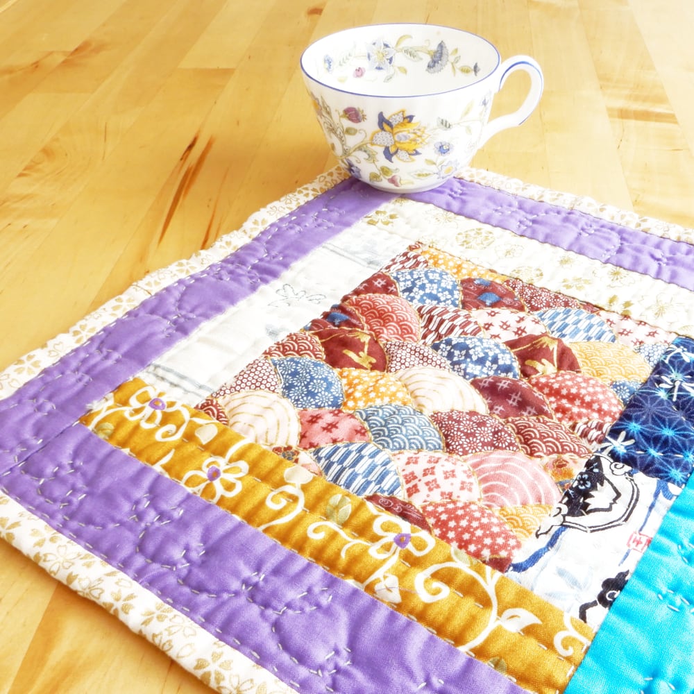 Hand Stitched Mug Rug with Japanese Fans Cotton Prints