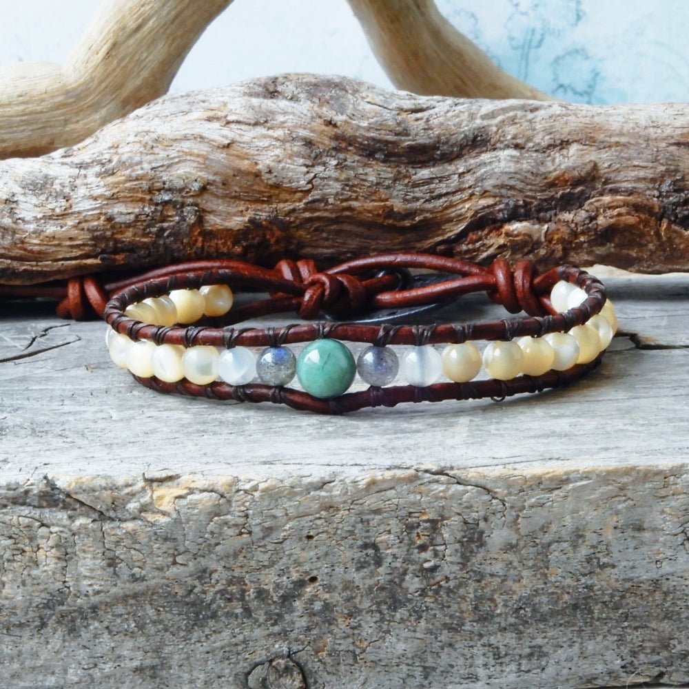 brown and gemstone leather wrap bracelet