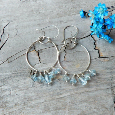 Earring - Blue Topaz Gemstone And Silver Hoop Earrings