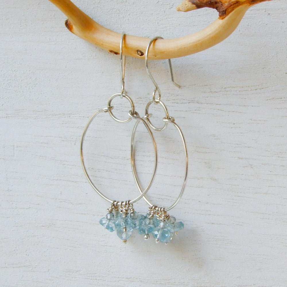Earring - Blue Topaz Gemstone And Silver Hoop Earrings