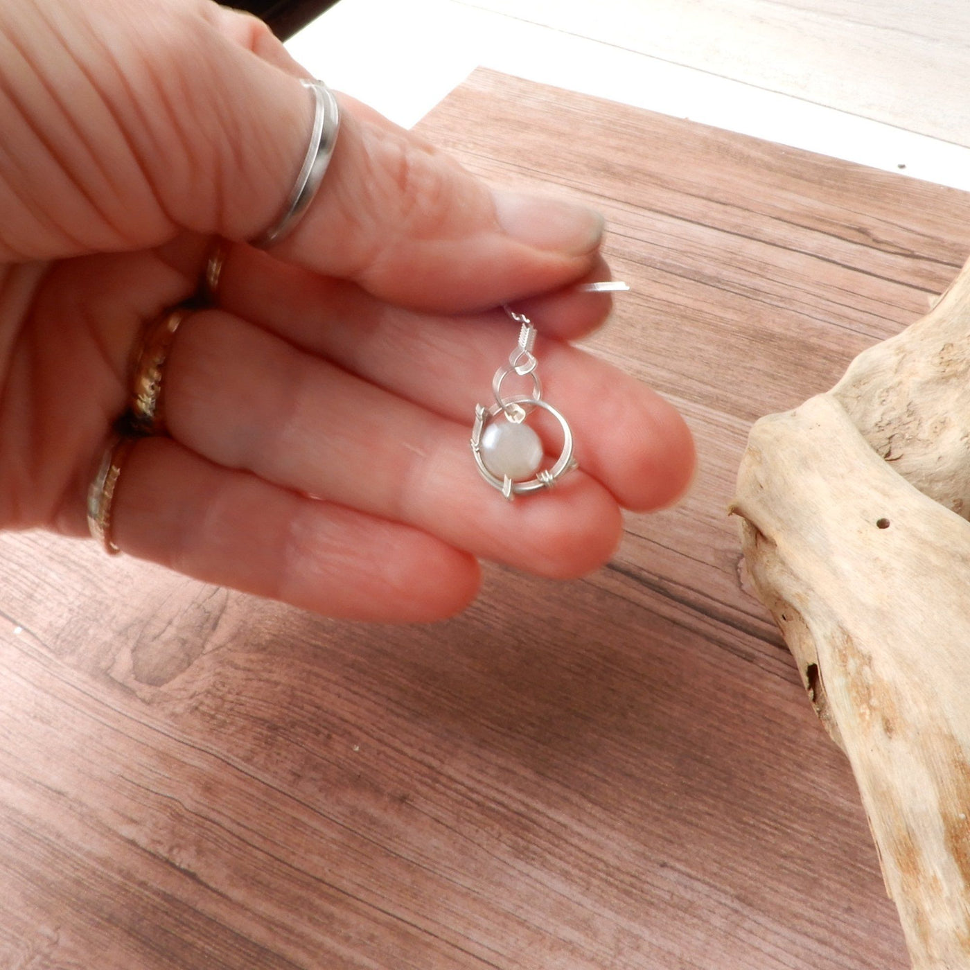 Earring - Moonstone And Silver Galaxy Mini Hoop Earrings