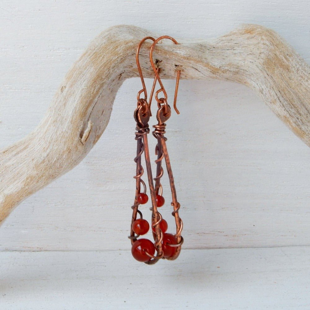 red stone teardrop copper earrings