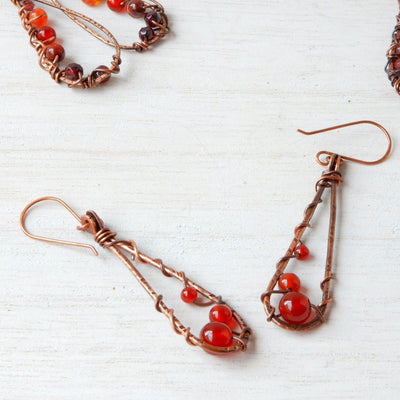 red stone teardrop copper earrings