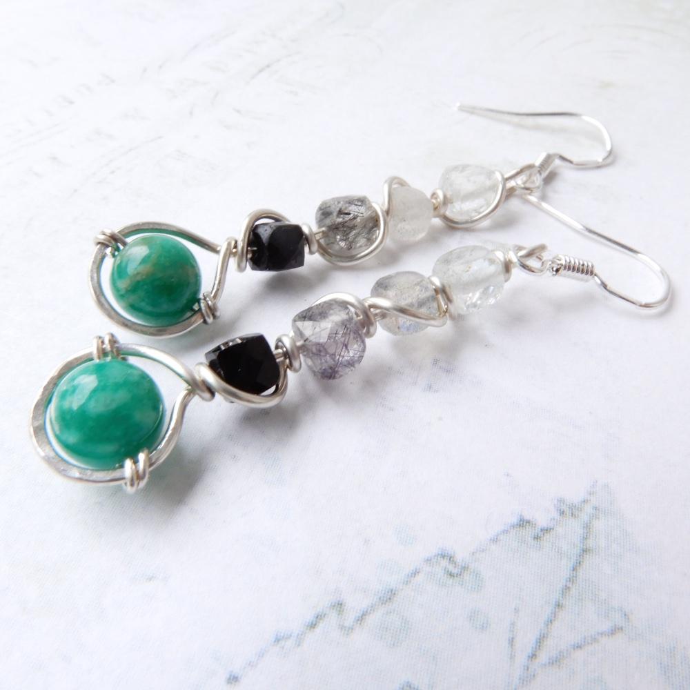 teal amazonite and cube gemstone dangle earrings