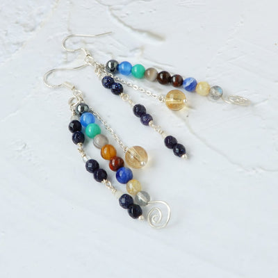 solar system galaxy inspired dangle earrings on white background