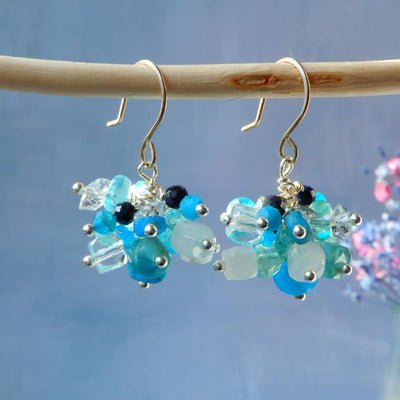 blue gemstone ball cluster dangle earrings