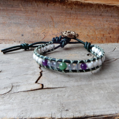 READY to SHIP | Green and White Leather Wrap Bracelet