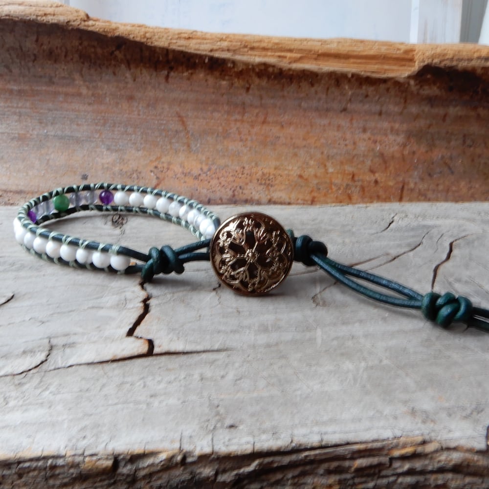 READY to SHIP | Green and White Leather Wrap Bracelet