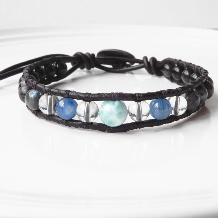 ocean theme leatherwrap bracelet with larimar
