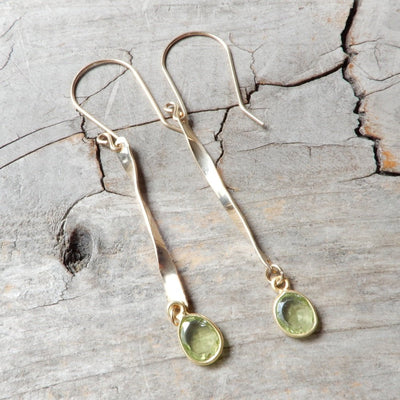 gold and peridot twisted bar earrings