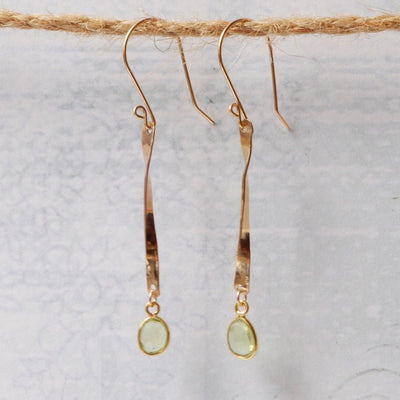 gold and peridot twisted bar earrings
