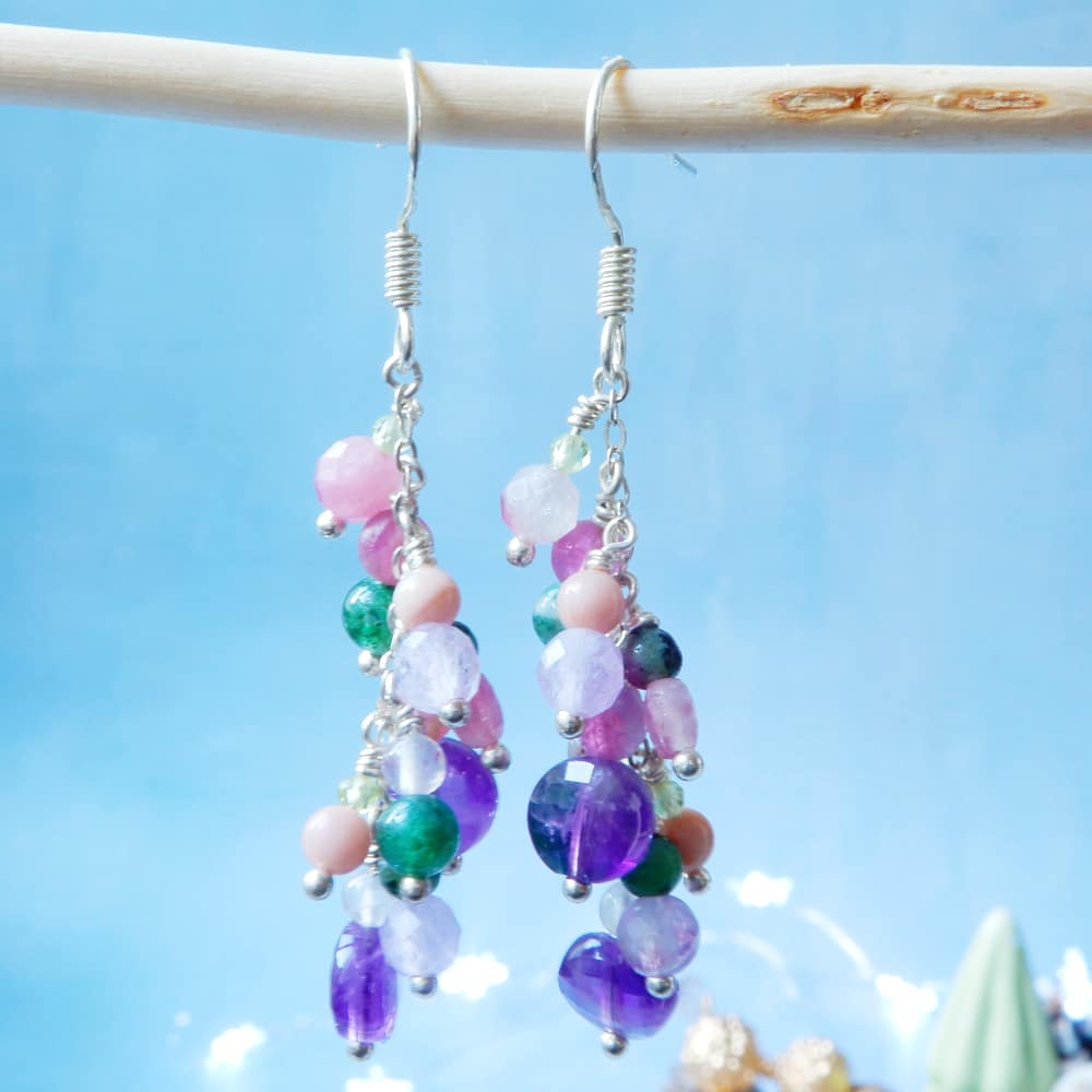 pink and purple gemstone dangle earrings