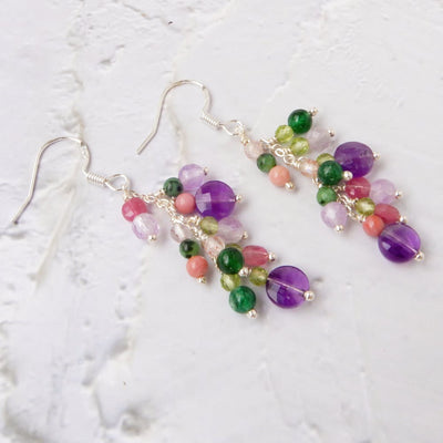 pink purple silver gemstone chandelier dangle earrings