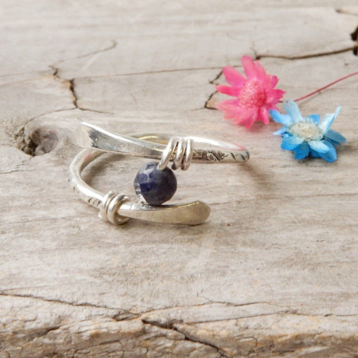 adjustable Silver Birthstone Ring with sapphire