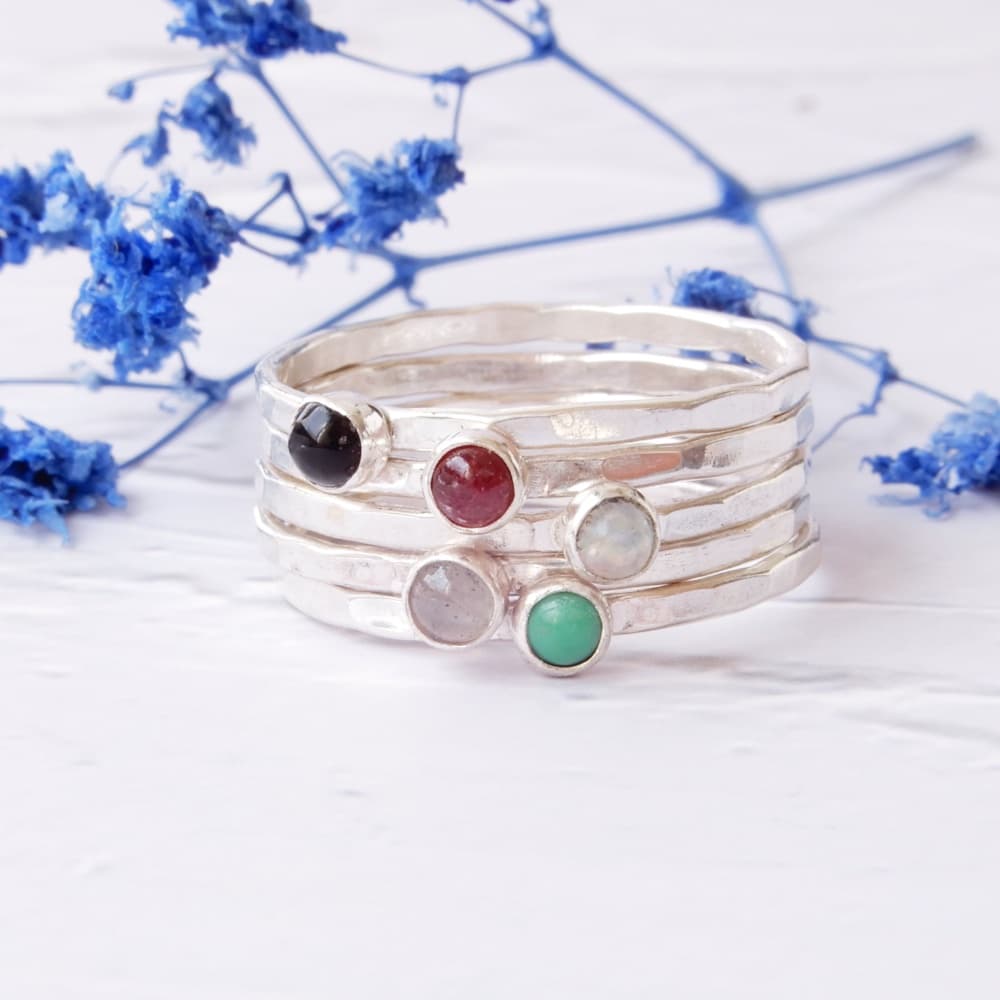 set of 5 thin stacking gemstone silver rings