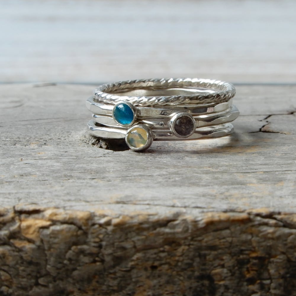 Thin Silver and Gold Stacking Rings with Gemstones